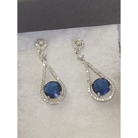 Women's Sterling Silver Blue Sapphire & Cubic Zirconia Bridal Earrings NEW - Picture 11 of 13